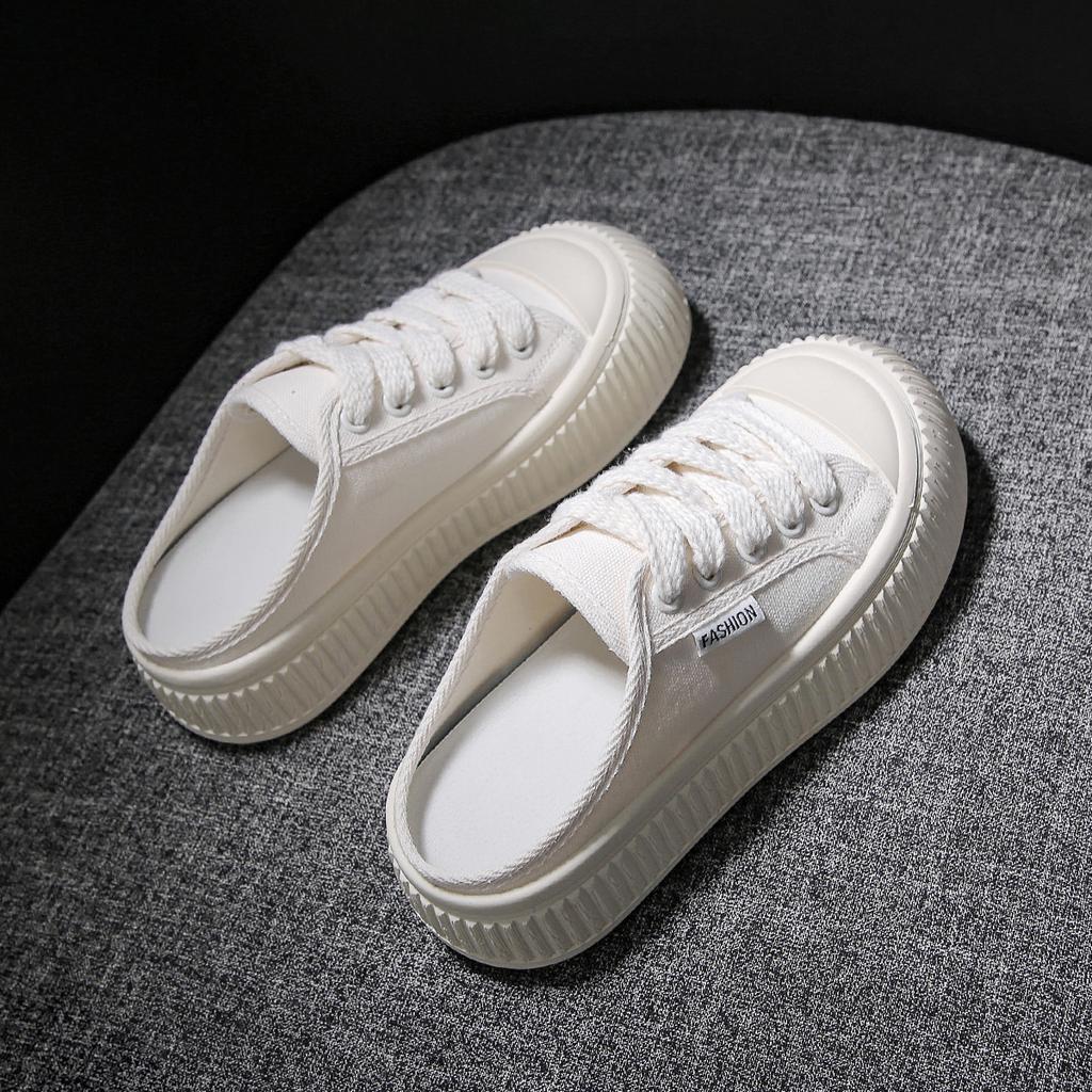 Half Dragged White Shoes for Women Breathable and Casual Canvas Shoes