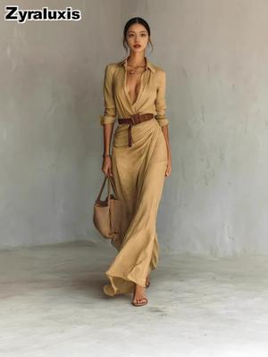 Damen Herbst Elegantes Sexy Einfarbiges Unregelmäßiges Rüschen-Taillengürtel-Kleid