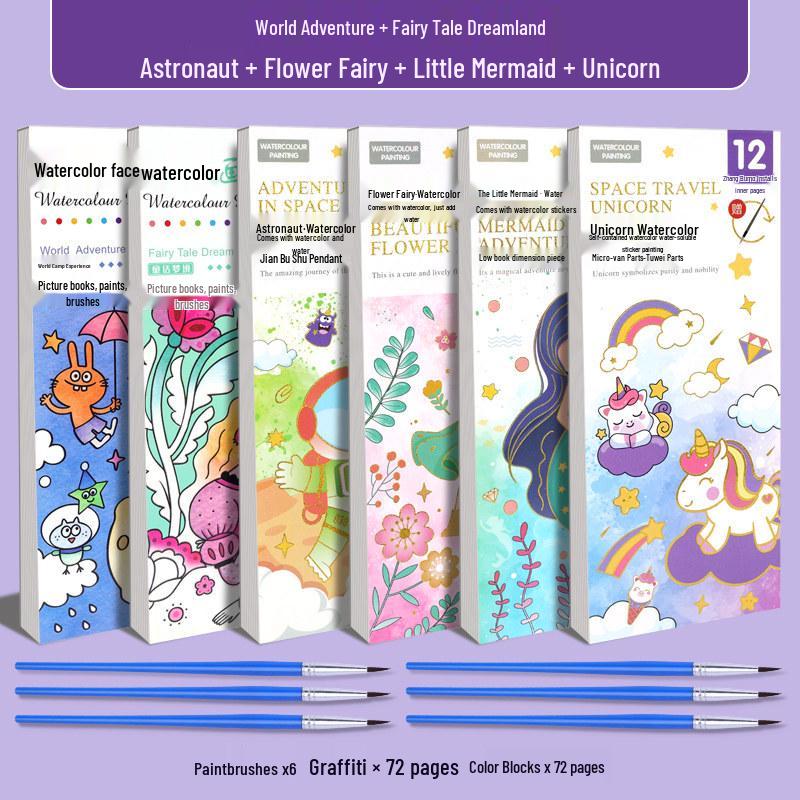 Portable Children's Watercolor Doodle and Coloring Book with Sticky Notes and Gouache