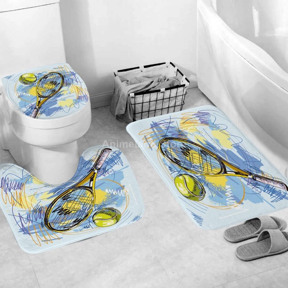 

Tennis Ball Shower Curtains Sport Fashion Cool Bathroom Curtain Bath Sets Toilet Cover Mat Non-Slip Washroom Rug Set 180X180Cm W60H190(CM)-1 Pcs