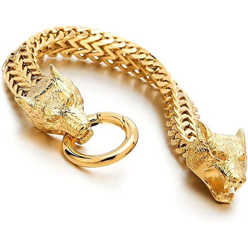 Men's Stainless Steel Viking Wolf Head Chain Bracelet - Vintage Style