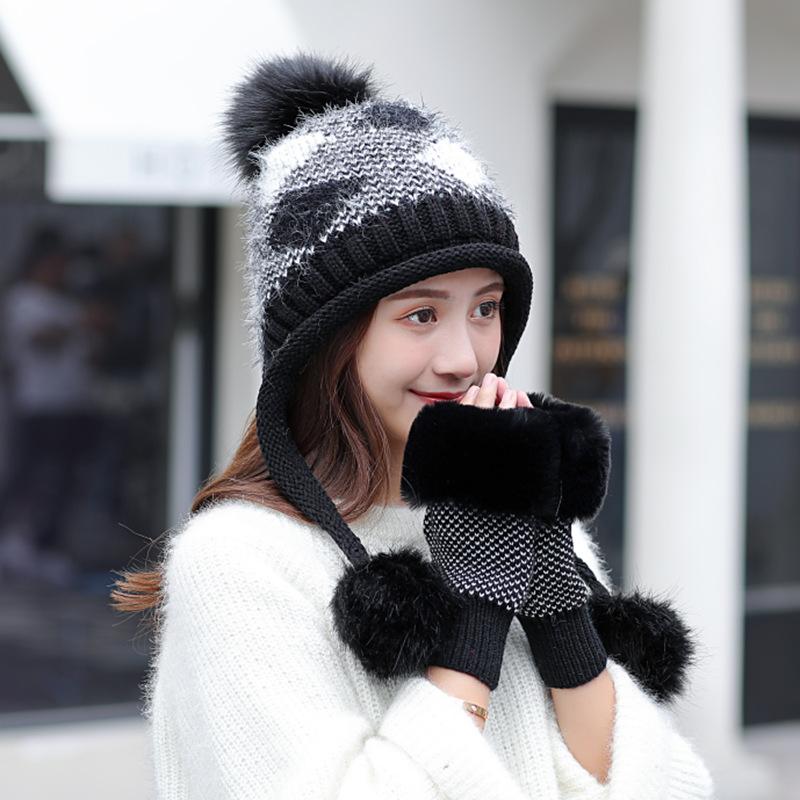 Hat Women's Winter Gloves Two-piece Set Versatile Fashion Knitted Hat Warm Ear Protection Cute Double Ball Wool Hat