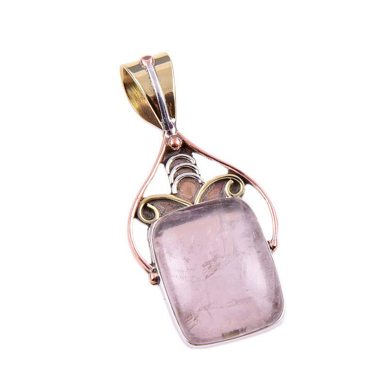 Natural Rose Quartz 925 Solid Sterling Silver Jewelry TwoTone Pendant 1.75" v0N48