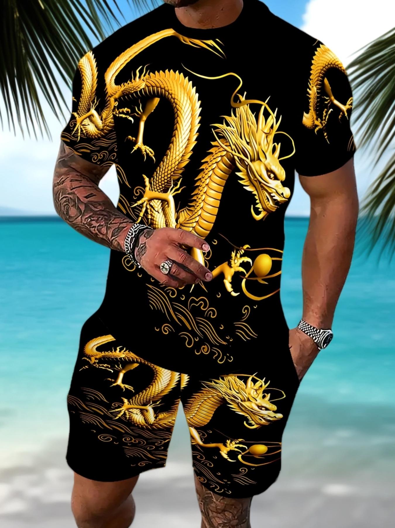 Men 2Pcs Pattern Print Round Neck T-Shirt Drawstring Shorts Set S