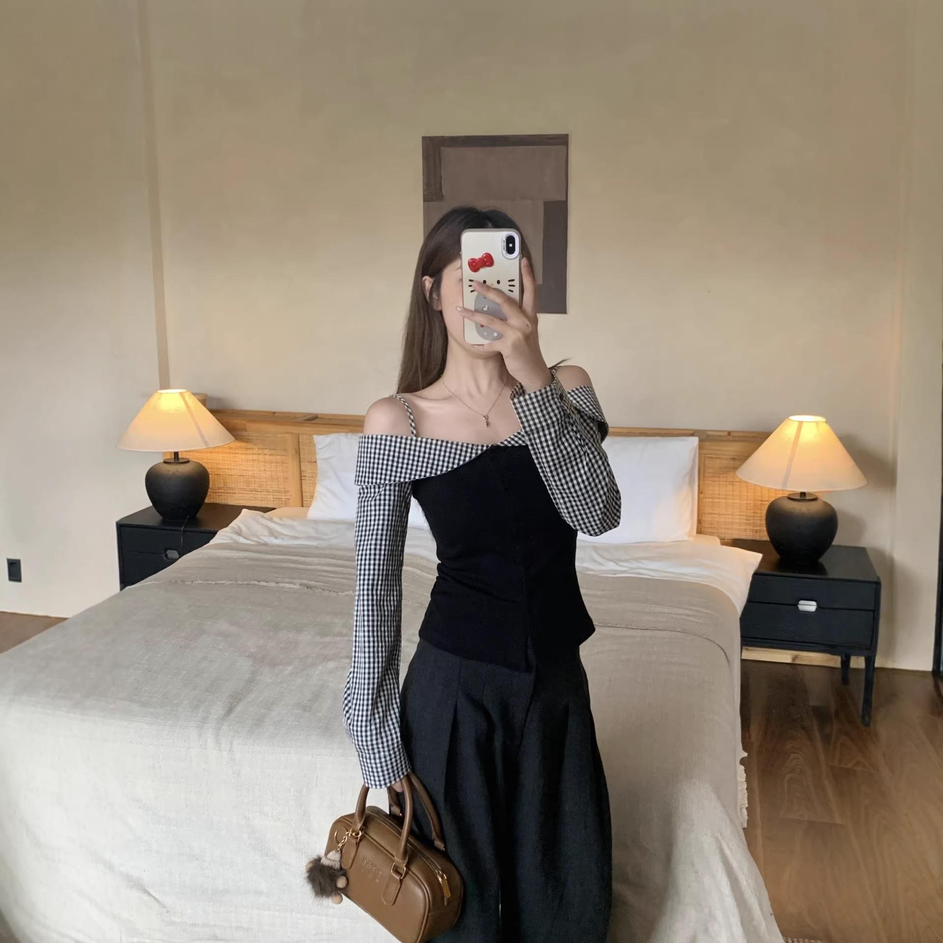 Plus Size Spring Plaid Patchwork Off-Shoulder Long Sleeve Slimming T-shirt Top XXL