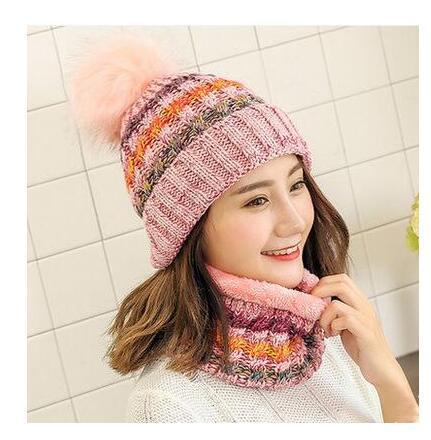 Hat Ladies Winter Trendy Autumn Winter Cute Versatile Knitted Mask Scarf Fleece Cycling Ear Protector Wool Cap