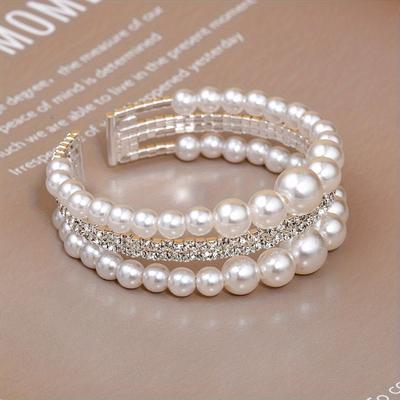 1PC Baroque Crystal Pearl Open Bracelet Gold Silver Rhinestone Multi-layer Bracelet Bridal Wedding Jewelry