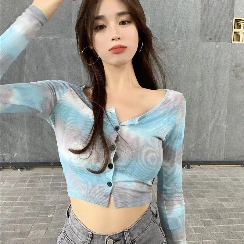 Women's Tie-dyed O-Neck Button Casual  Navel Exposed Long-Sleeved Cardigan Tops
