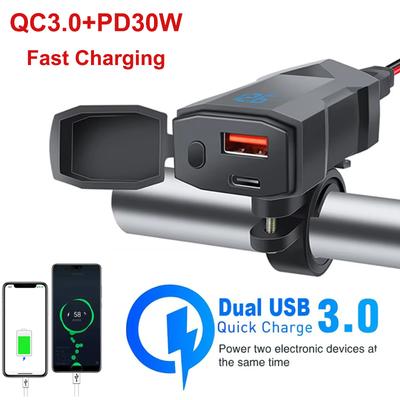 PD+QC3.0 Motorcycle USB Fast Cellular Charger Handlebar Type C Port Socket Connector With Cell Mobile Voltmeter Digital Charge