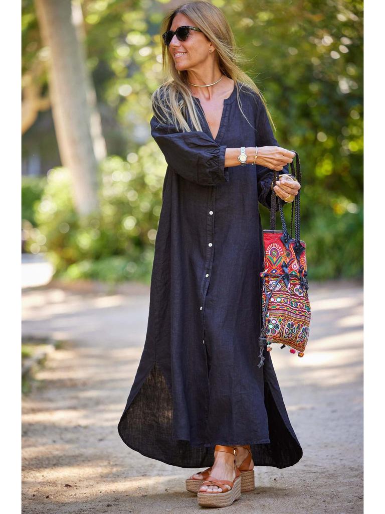 2026 Spring/Summer Women's Cotton Linen Long Sleeve Cardigan Dress