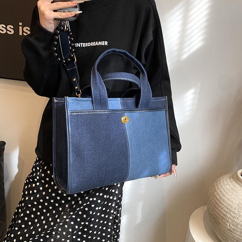 Large capacity denim handbag women's new fashion contrasting color shoulder messenger bag broadband commuter trendy tote bag