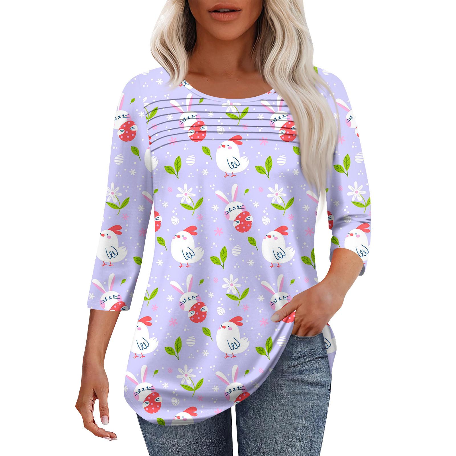 

Женская мода круглый вырез шея плиссированная передняя планка с принтом рукав 3/4 топ XXL