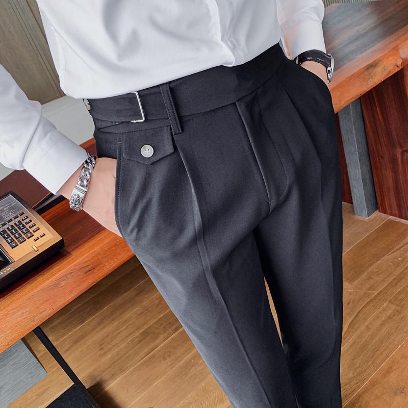 Men's Slim Fit British Business Casual Trousers - Korean Fashion Style, Solid Color, Naples Straight Leg.