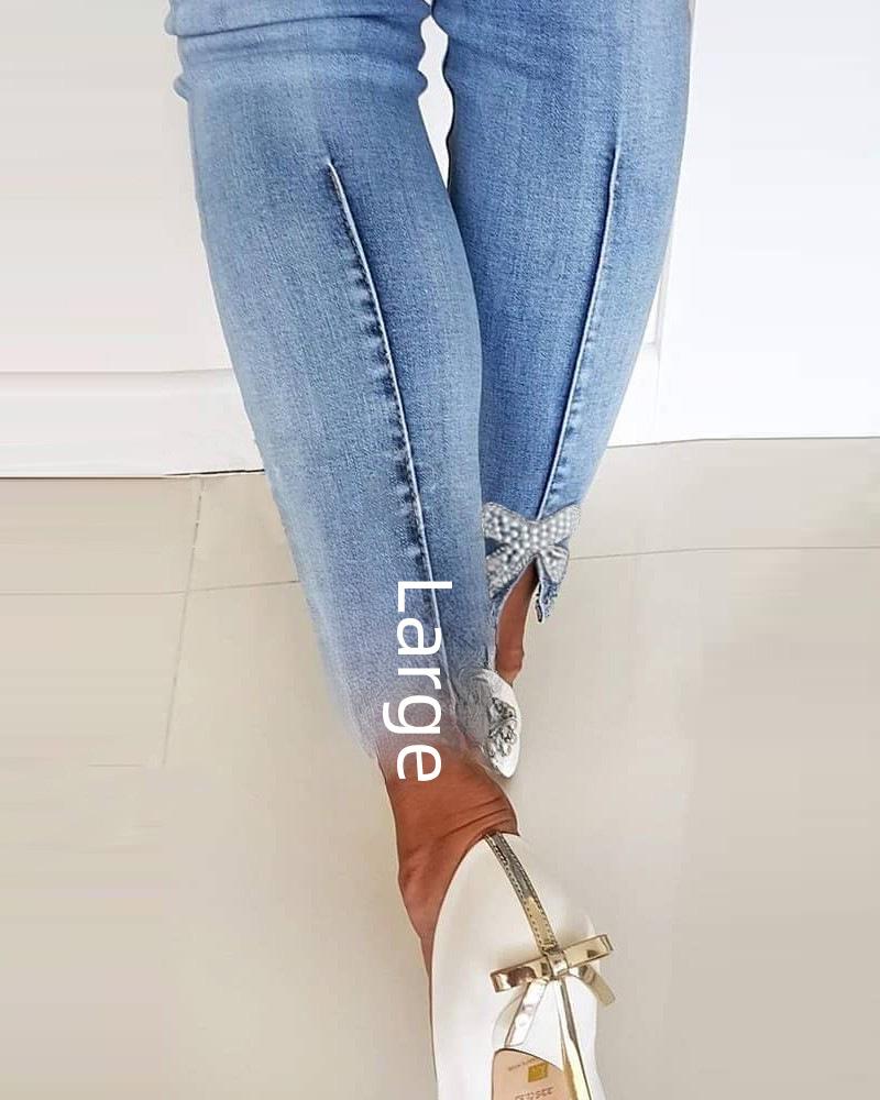 European & American Slim Beaded Butterfly Floral Women's Pencil Jeans
