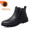 Fashion Side Zipper Male Motorcycle Boots Handmade Mens Sneakers Genuine Leather Men Winter Plush Snow Boots Men Casual High Top Shoes