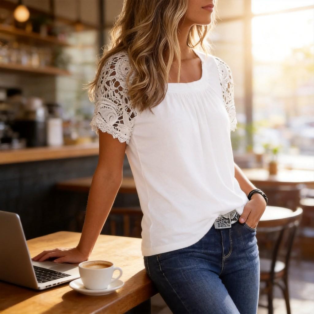 3D-Effekt Polyester Lässiges T-Shirt mit kurzen Ärmeln für Damen Sommer