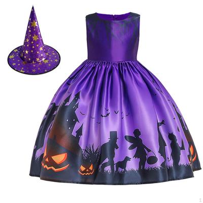 Bezauberndes Halloween-Kostümkleid für Mädchen mit magischen Hexenhüten und gruseligen Drucken