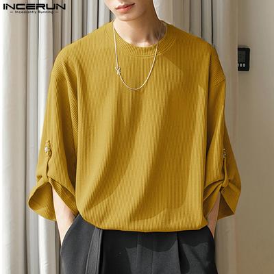 Men 3/4 Sleeve Round Neck Striped Casual Tops
