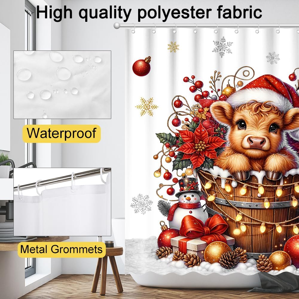 Christmas Highland Cow Shower Curtain Merry Christmas Home Bathroom Decorations Western Rustic Farmhouse Bathtub Curtain Set