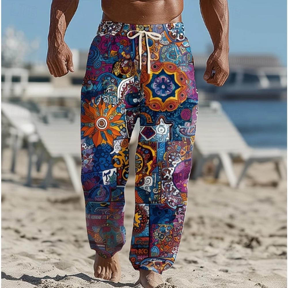 Men's 3D Distressed Floral Printed Baggy Casual Trousers, Elastic Drawstring Waist with Pockets, for Spring Summer Home Outdoor Vacation