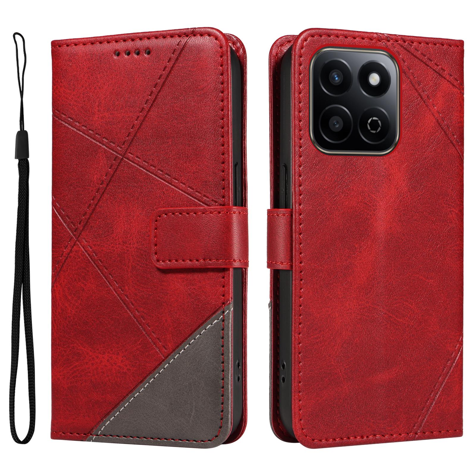 

For Honor Play 60 Plus 5G/Play 9T/X7c 4G/200 Smart 5G Leather Case Geometric Line Wallet Phone Cover Red