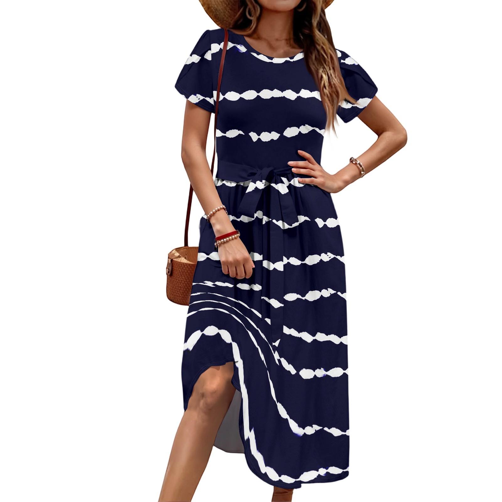 

Women s Casual Cute Pattern Print Round Neck Midi Dress Basic Classic Outdoor Everyday Short Sleeve Loose Dress S Темно-синій