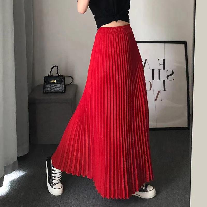 

Женская шифоновая плиссированная миди-юбка с высокой талией - Красная А-силуэта для лета One Size (Skirt Length 100CM)