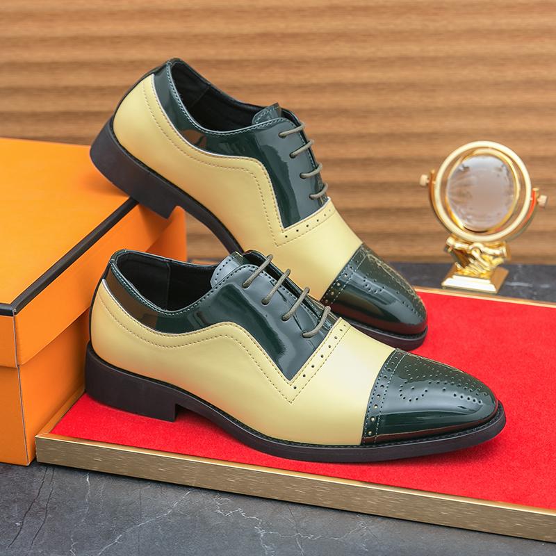 Fashion Block Shoes Men Yellow Green Patent Leather Spliced British Style Lace Up Business Office Brand Formal Shoe Size 38-46 Men Shoes