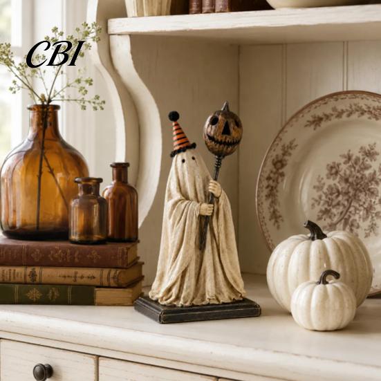 Decorazione Fantasma in Tessuto Shabby Statuetta Vintage con Scettro Zucca Luminoso, Ornamento di Halloween Luce LED Ambra Calda Luce, Resina Illuminata per Interni
