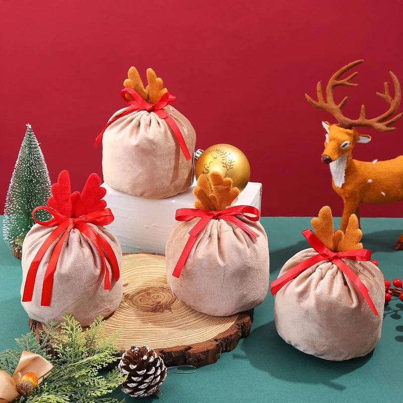 2Pcs Christmas Candy Gift Bag Velvet Santa Drawstring Gift Bags Christmas Decoration Kids New Year Party Gift