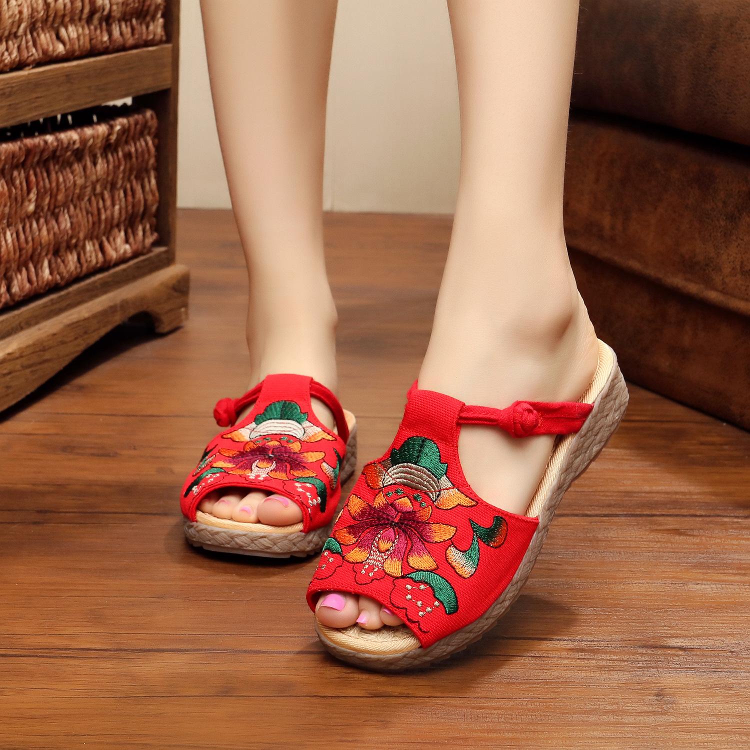 

Летние тайские сандалии на танкетке в этническом стиле, тапочки из джутовой соломы с рисунком «рыбий рот», женские тапочки EU34/CN35 красный
