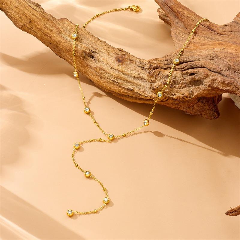 18K Gold Plated Station CZ Y-Drop Necklace, Dainty Cubic Zirconia Lariat Choker for Women, Trendy Jewelry золотой