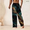 Men Plus Size Drawstring Waist Black Teal Gold Galaxy Print Straight Leg Long Pants
