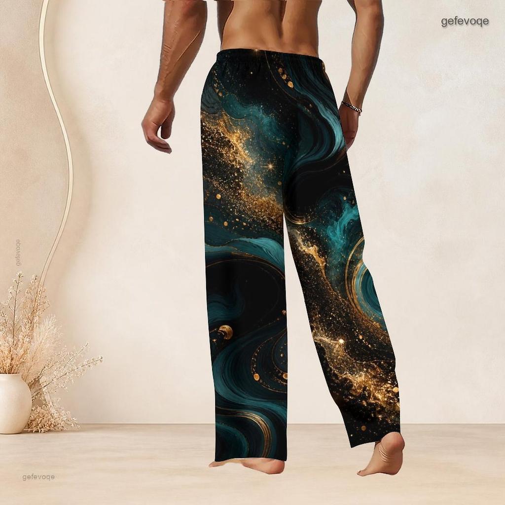 Men Plus Size Drawstring Waist Black Teal Gold Galaxy Print Straight Leg Long Pants