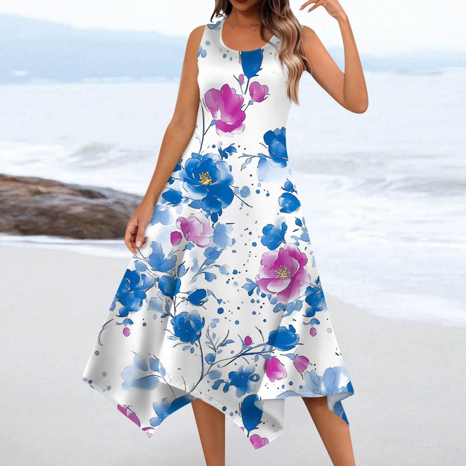 

Женское повседневное модное платье миди без рукавов с круглым вырезом и цветочным принтом, нерегулярный подол XL небесно-голубой