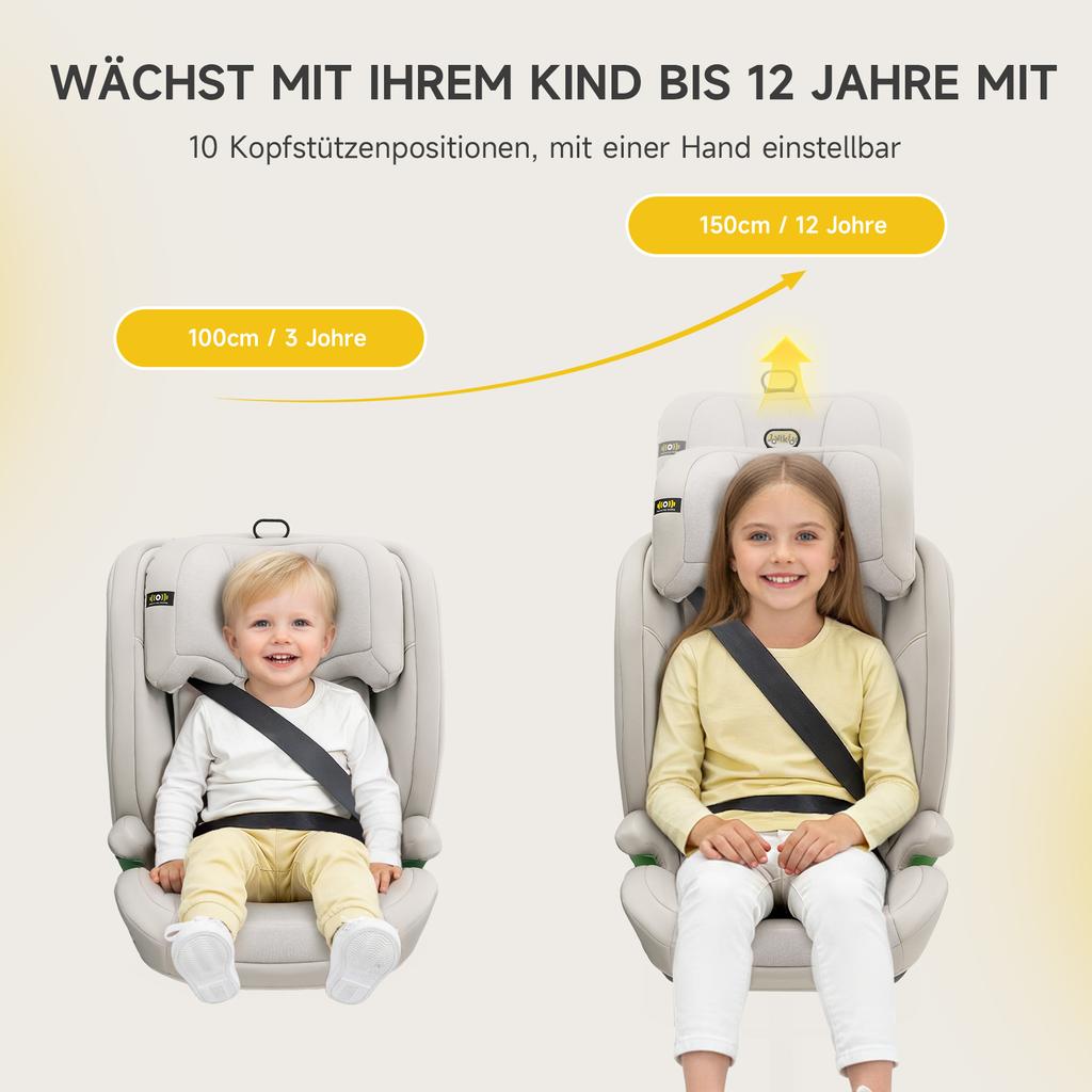 i-Size R129 child car seat for 3.5 to 12 years (100-150 cm), with adjustable backrest, headrest, side impact protection, Isofix booster seat