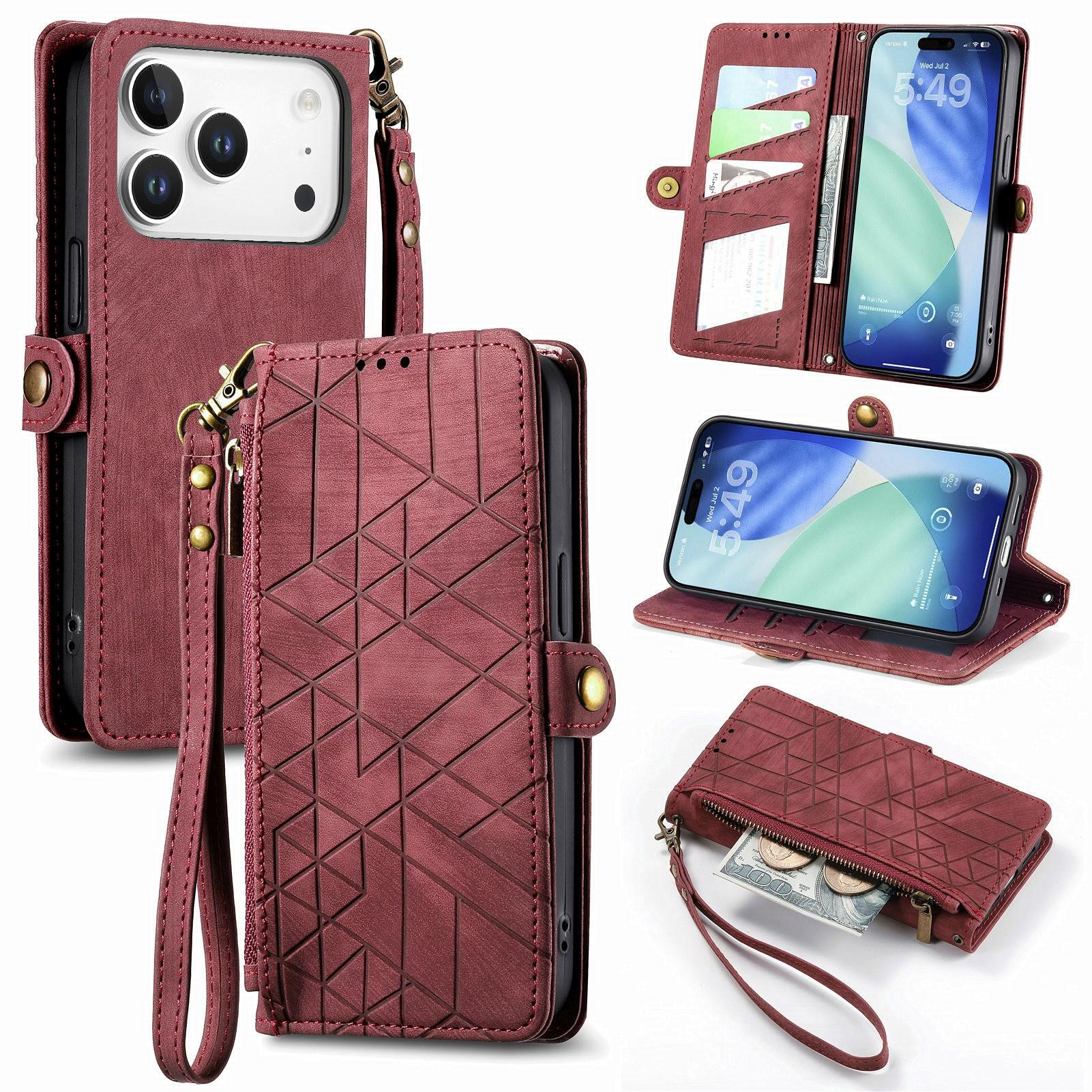 

For iPhone 17 Pro Max Case Zipper Wallet Geometry Lines Leather Phone Cover with Strap