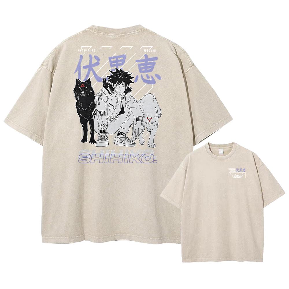 Men Streetwear Washed Acid Oversized T Shirt Japanese Anime Retro Worn Graphic Print T-Shirt Cotton Short Sleeve Tees