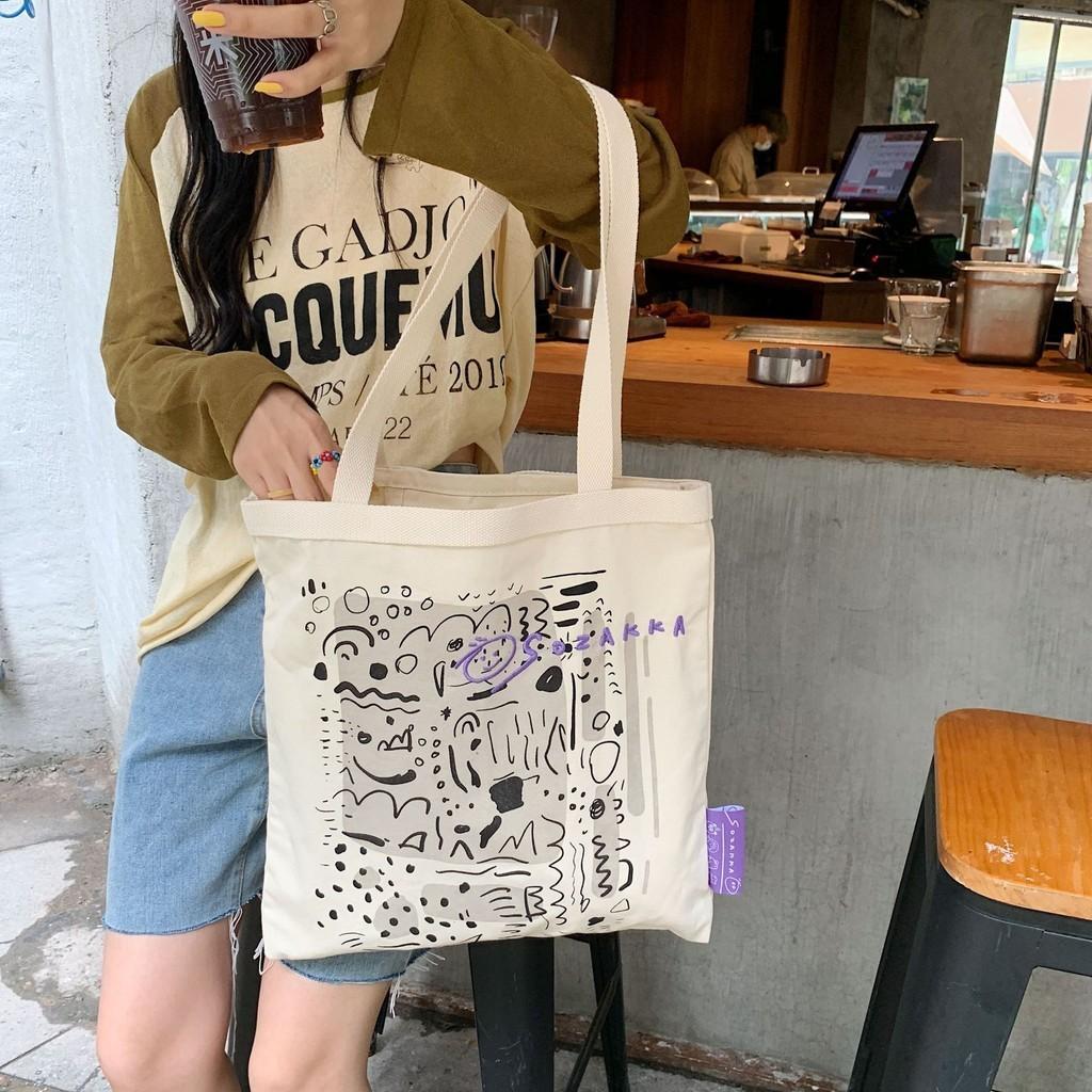 Stylish Canvas Tote Bag With Graffiti Print Large Capacity Shoulder Bag For Everyday Use