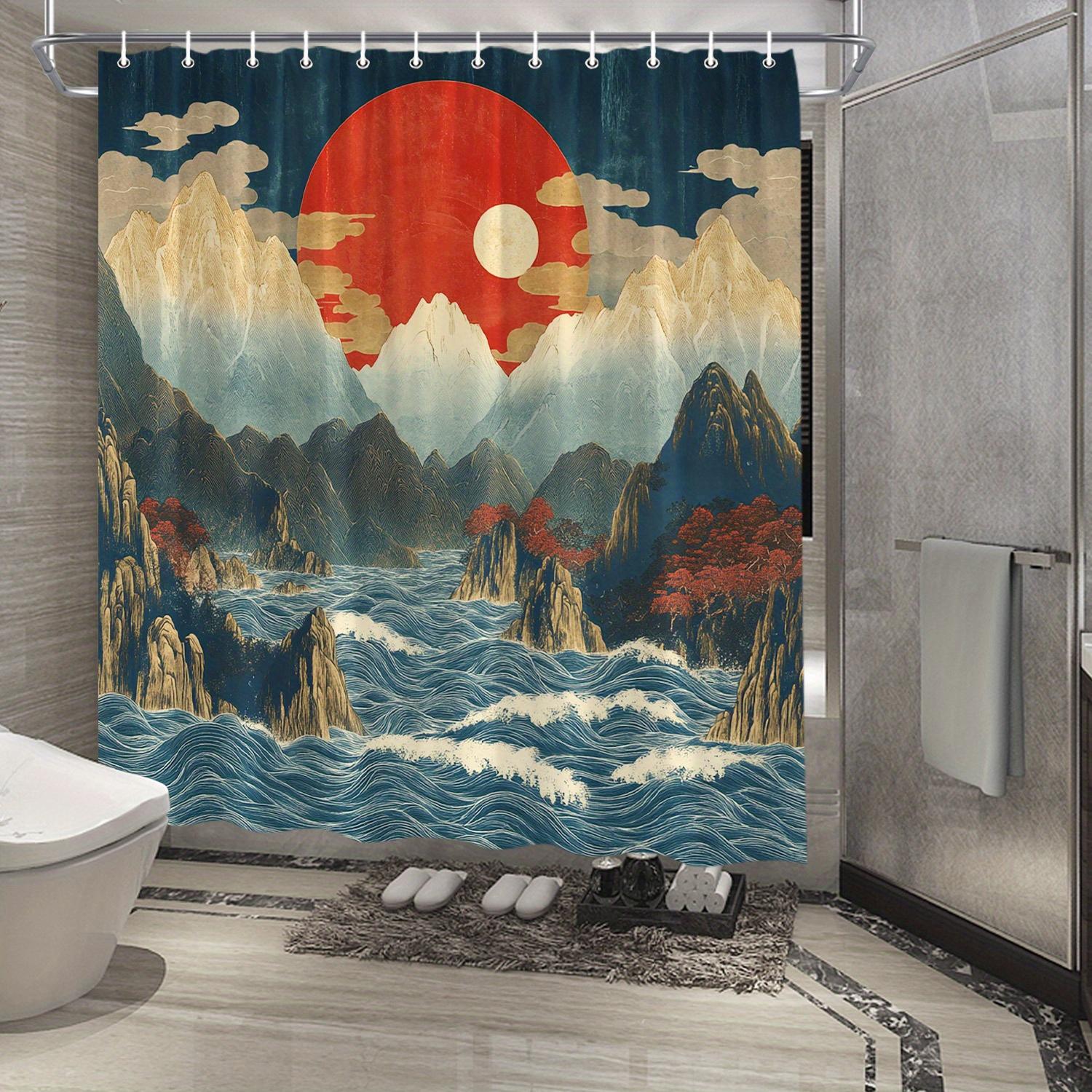 

1Pc Japanese Ukiyo-E Inspired Shower Curtain, Polyester Fabric, Mountain Landscape With Red And White Suns, Ocean Waves, Include W60H190(CM)-1 Pcs
