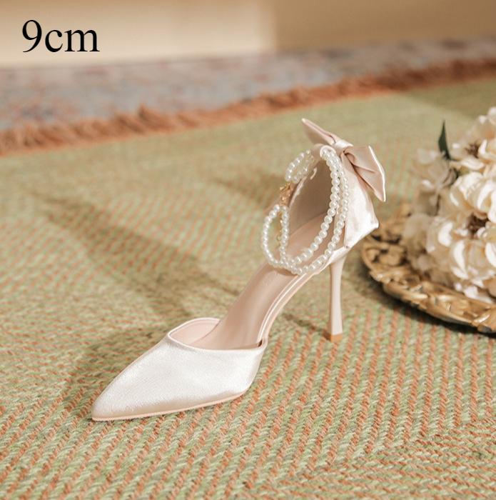 Fashion High Heeled Women's New Pointed Thin Heel Silk Satin Hollow Heel Bow High Heels Women Versatile Commuter Single Shoes for Women