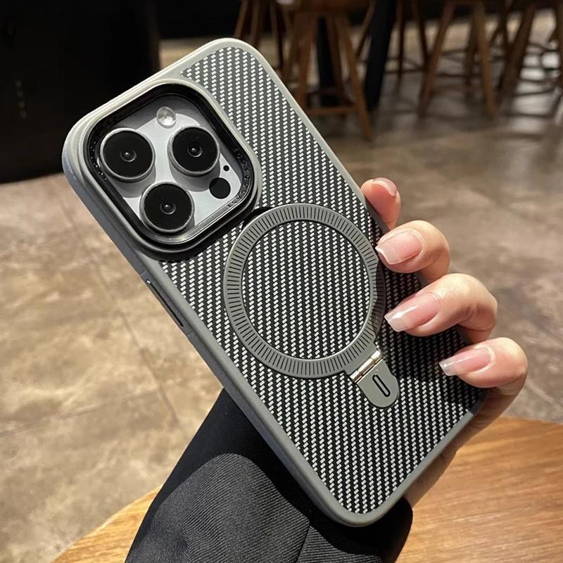 

Titanium Gold carbon fiber holder magsafe phone case for iPhone 16 15 14 13 Pro Max magnetic charging shockproof hard back cover For iPhone 16 Pro