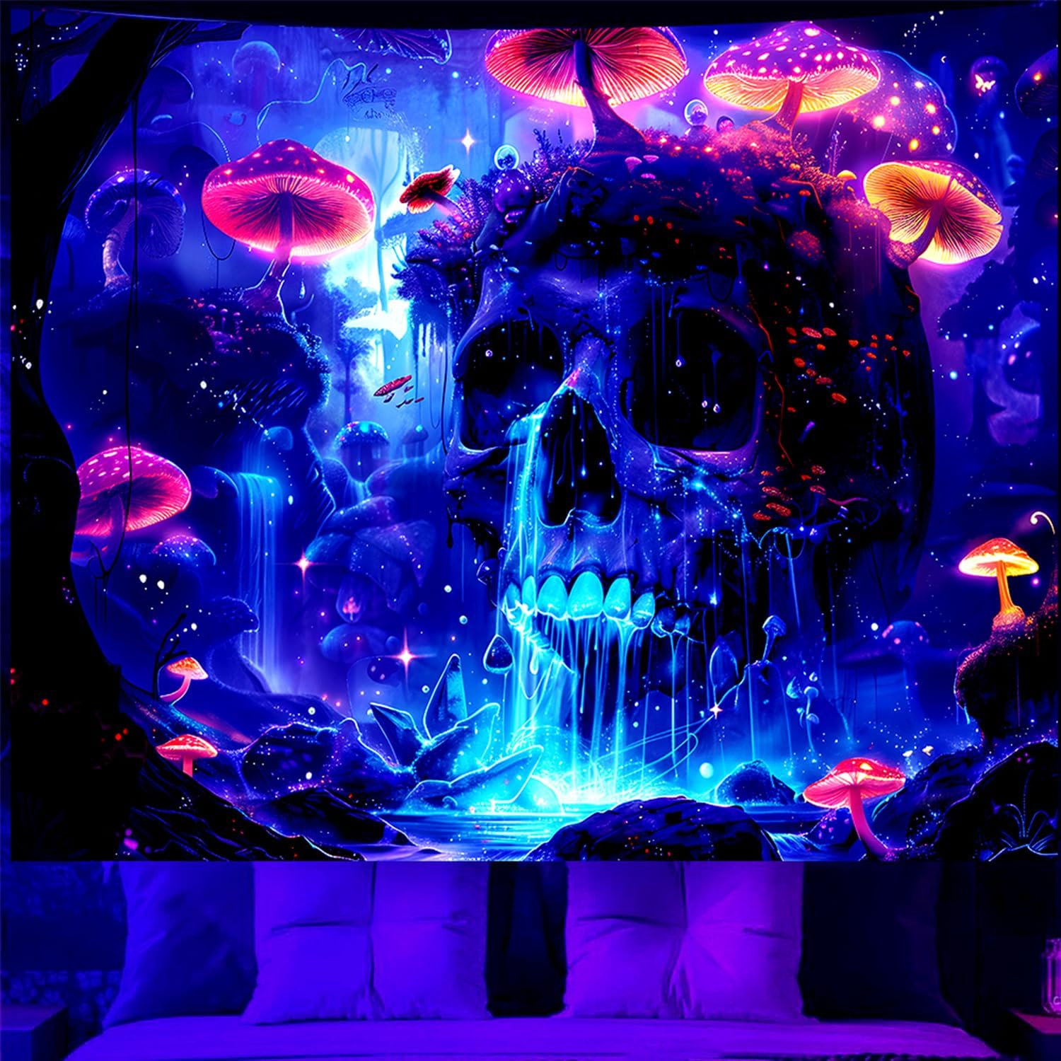 TUGCAY Blacklight Mushroom Skull Tapestry Skeleton Tapestry UV Reactive Waterfall Landscape Tapestries Glow in the Dark Horror Forest Tree Plant Wall