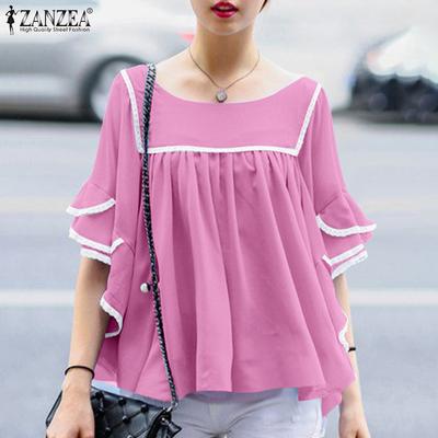 Women Casual Round Neck 3/4 Sleeve Loose Blouse