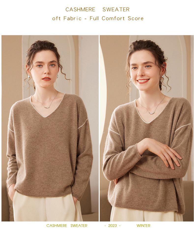 Women's V-Neck Cashmere Knit Pullover - Loose Fit, Long Sleeve, Autumn/Winter Fashion