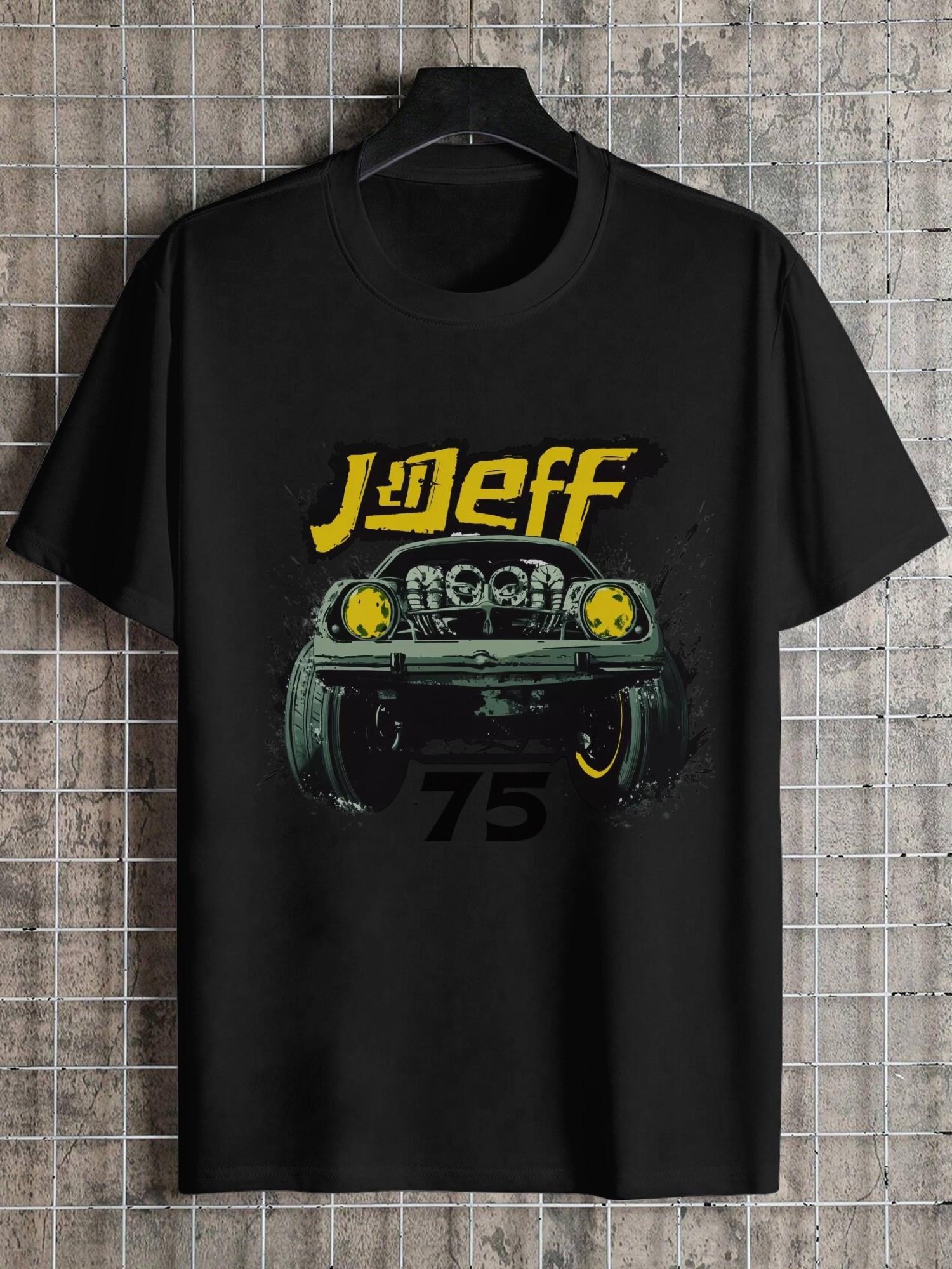 

1pc Vintage Anime Graphic T-shirt - Retro Car Design with Japanese Characters & JEFF Text XL