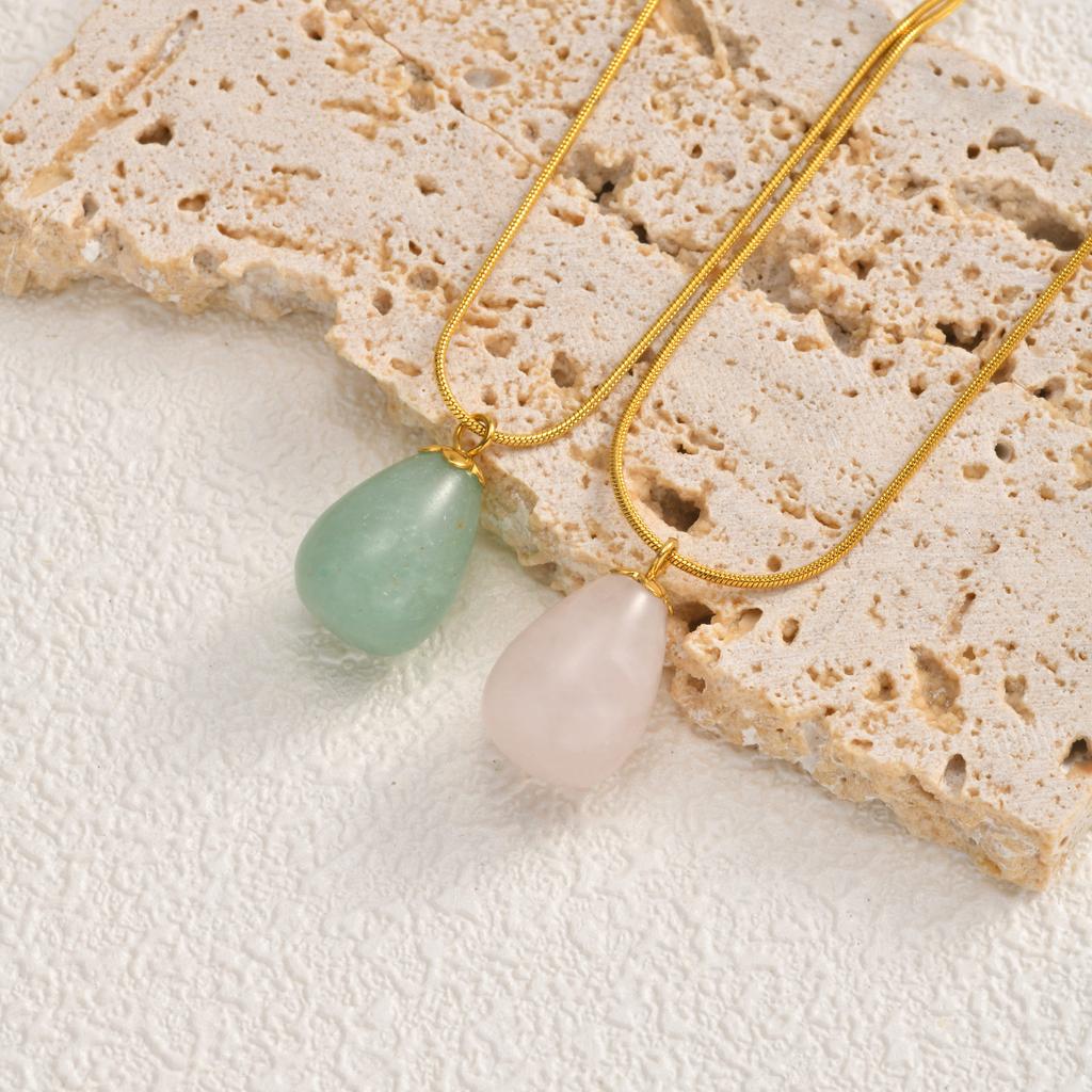 Vnox Elegant Natural Pink Quartz Green Aventurine Pendant Necklaces for Women, Waterdrop Gemstone Snake Chain Party Jewelry Gift