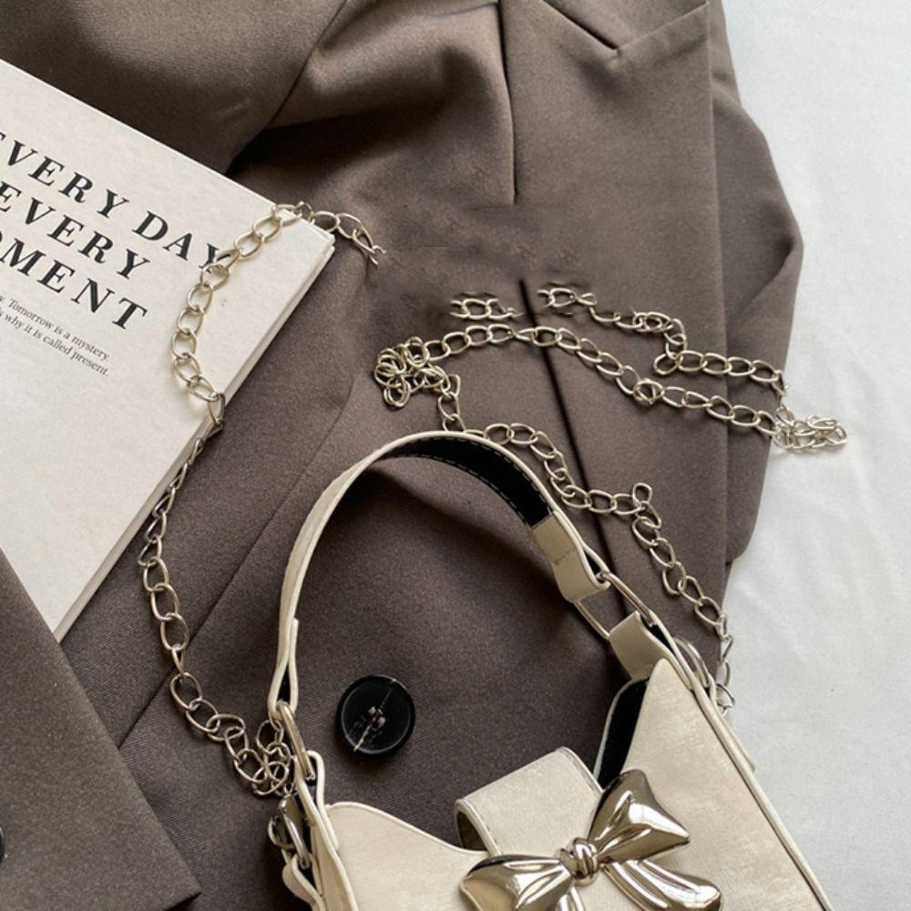 Mini Bow Buckle PU Bag Pu Leather Women's Shoulder Bag Cute Silver Bucket Bag Storage Phone