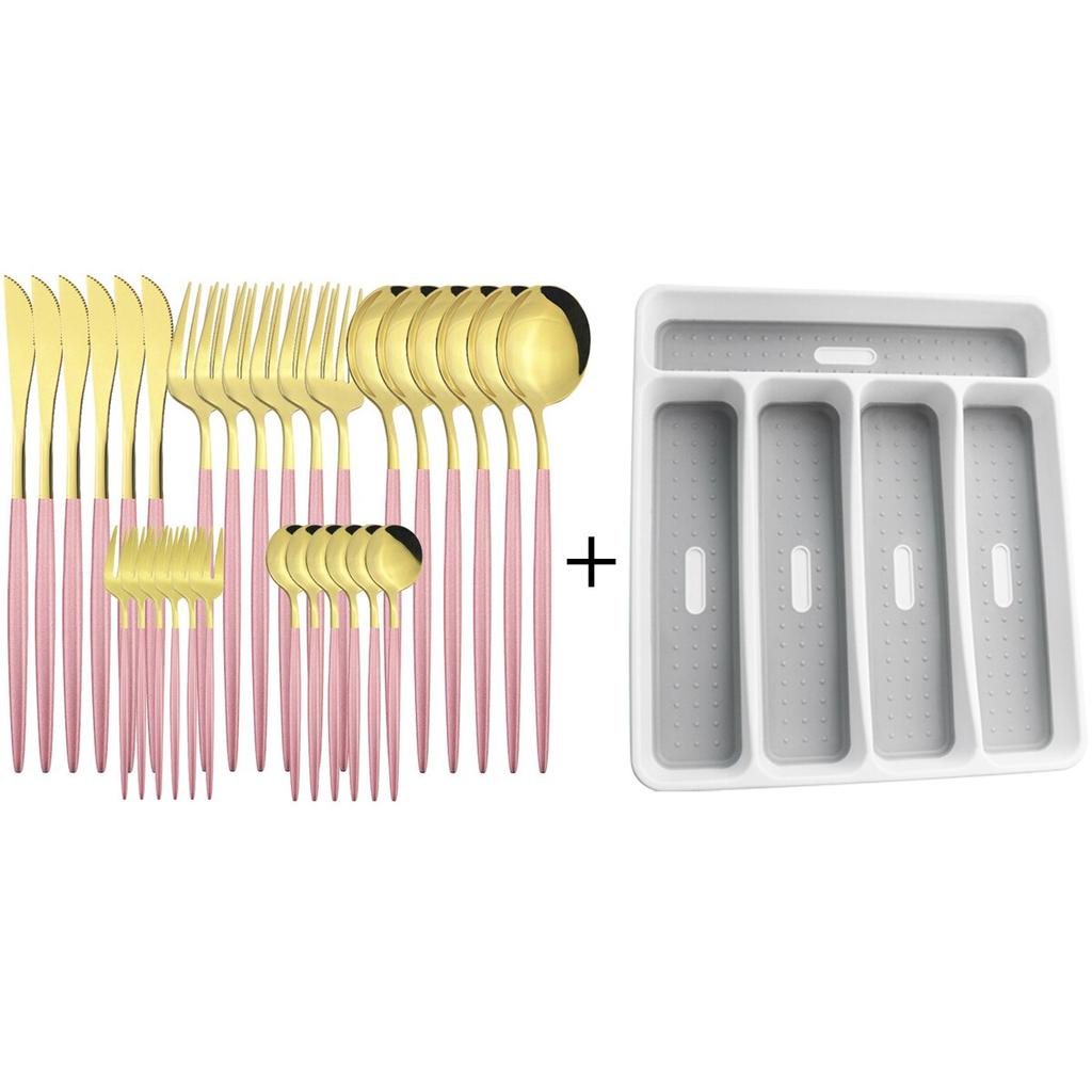 30pcs Gold Dinnerware Set Stainless Steel Tableware Set Knife Cake Fork Spoons Cutlery Set Plastic Storage Tray Kitchen Flatware
