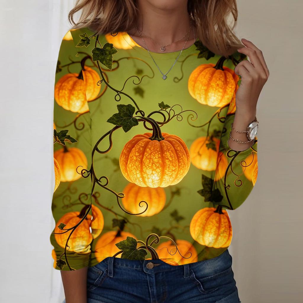 Women Casual Long Sleeve Pullover Sweatshirt Halloween Pumpkin Print Round Neck Top Lightweight Comfortable Fit